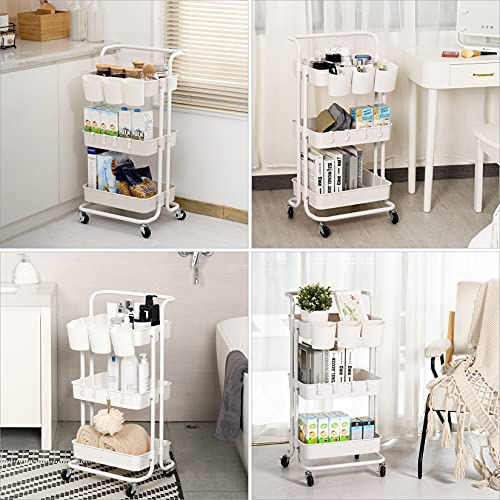 alvorog Carrito de Cocina de 3 Niveles con Ruedas, Carro de Almacenaje con Asa, Carrito Auxiliar Multifuncional para Baño, Cocina, Oficina, Salón & SPA - Blanco