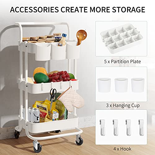 alvorog Carrito de Cocina de 3 Niveles con Ruedas, Carro de Almacenaje con Asa, Carrito Auxiliar Multifuncional para Baño, Cocina, Oficina, Salón & SPA - Blanco