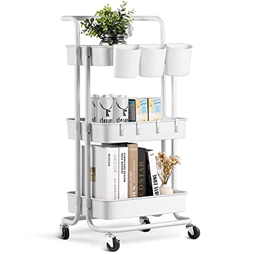 alvorog Carrito de Cocina de 3 Niveles con Ruedas, Carro de Almacenaje con Asa, Carrito Auxiliar Multifuncional para Baño, Cocina, Oficina, Salón & SPA - Blanco