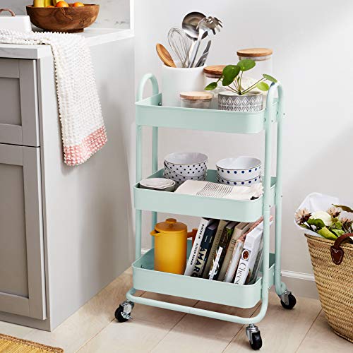 Amazon Basics - Carrito de cocina o multiuso de tres niveles con ruedas en verde menta