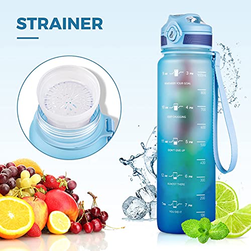 Amazon Brand - Eono Botella de Agua Deportiva 1L, Botella Agua con Infusor de Frutas Plástica Tritan sin BPA a Prueba de Fugas, con Marcador de Tiempo, para Gimnasio, Viaje, Exterior