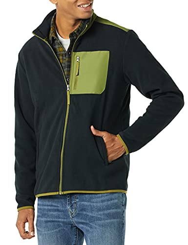 Amazon Essentials Full-Zip Polar Fleece Jacket Chaqueta de Forro, Negro/Verde Oliva, Bloque De Color, L