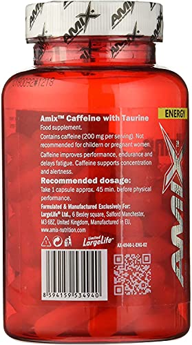 AMIX - Complemento Alimenticio - Caffeine 200 Mg With Taurine - 90 Cápsulas - Mejora la Resistencia - Ayuda a la Concentración - Suplemento Alimenticio de Cafeína