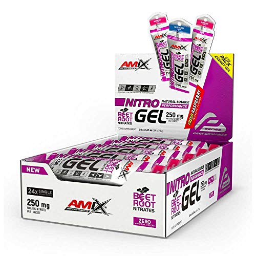 AMIX - Complemento Vitamínico Nitro Perfomance Gel - 24 Sobres de 70 g - Rápida Absorción - Ayuda a Retrasar la Fatiga y Aporta Energía - Ideal para Deportistas de Resistencia - Sabor Frambuesa