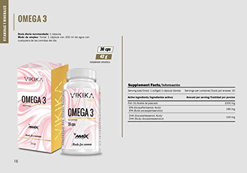 AMIX Nutrition | Vikika Gold Omega 3 | Suplemento Alimenticio con Omega 3 | Aceite de Pescado 1000 g | 30 Cápsulas | 180 mg EPA - 120 mg DHA | Vitaminas Mujer | Para Subir Defensas