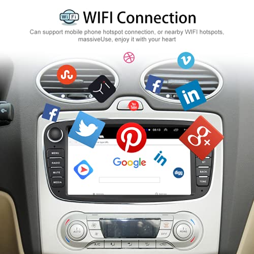 Android Radio De Coche para Ford Focus Mondeo Kuga Galaxy C-MAX S-MAX, Hikity Bluetooth Estéreo De Coche GPS Navegación Automóvil Pantalla Táctil Estéreo con WiFi FM Mirror Link (Negro)