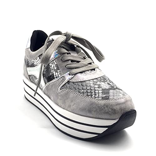 Angkorly - Zapatillas Moda Zapatilla - Sneakers de cuña Gran Plataforma Plano Streetwear Mujer Leopardo Rayas Plataforma 5 CM - Plata 2 F3201 T 40