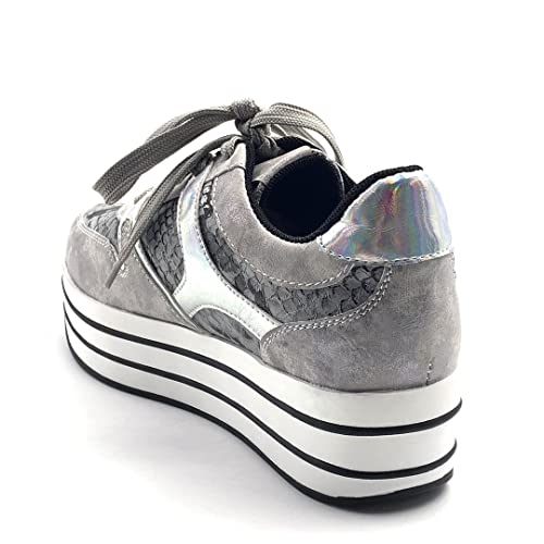 Angkorly - Zapatillas Moda Zapatilla - Sneakers de cuña Gran Plataforma Plano Streetwear Mujer Leopardo Rayas Plataforma 5 CM - Plata 2 F3201 T 40