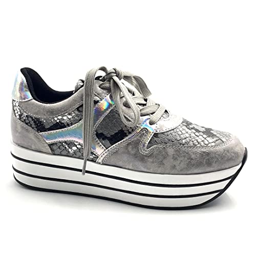 Angkorly - Zapatillas Moda Zapatilla - Sneakers de cuña Gran Plataforma Plano Streetwear Mujer Leopardo Rayas Plataforma 5 CM - Plata 2 F3201 T 40