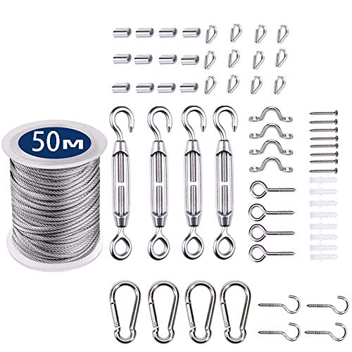 Anyingkai 31PCS Cuerda Acero,Cable de Acero Inoxidable Para Tendedero,Tensores Para Cables,Cable de Acero Galvanizado,Kit de Cuerda de Acero Inoxidable,Cable Acero Inoxidable,Alambre Inoxidable (50M)