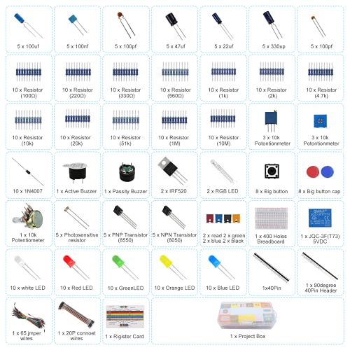 ARCELI Kit de diversión electrónica mejorada con módulo de fuente de alimentación, cable de puente, potenciómetro de precisión, 400 agujeros, placa Breadboard compatible con Arduino, Raspberry Pi