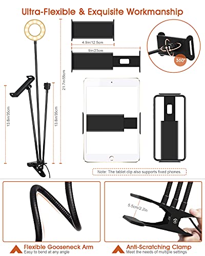 Aro de Luz LED, Anillo de Luz Fotografía Ring Light, 3 Modos de Iluminación, 10 Niveles de Brillo con Conector de 1/4 ", Soporte para teléfono Tablet Micrófono Cámara de video TikTok Youtube