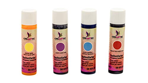 ARTIDEE CREARTEC Set de 4 Colores de jabón - Surtido de 4 Colores Transparente de 10 ml - Rojo, Azul, Amarillo, Violeta: para la producción Individual de jabón - Made in Germany