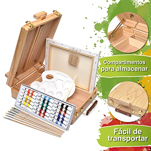 Artina Florenz set de pintura de 28 piezas caballete maletín de mesa para profis y aficionados 18 colores acrílicos, lienzo, 6 pinceles y paleta