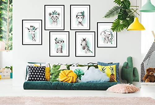 artpin® Juego de 6 imágenes para habitación infantil, niños y niñas, en verde menta, plumas grises – Póster, bosque, selva, habitación de bebé, animales indios P62