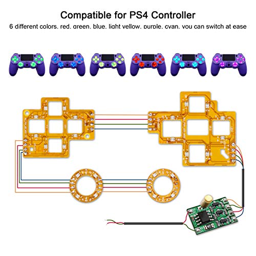 ASHATA Kit de Botones LED DTF con pulsadores Luminosos de 6 Colores para Controlador PS4, Rojo/Verde/Azul/Amarillo Claro/Violeta/Cian, con Herramientas - Controlador NO Incluido