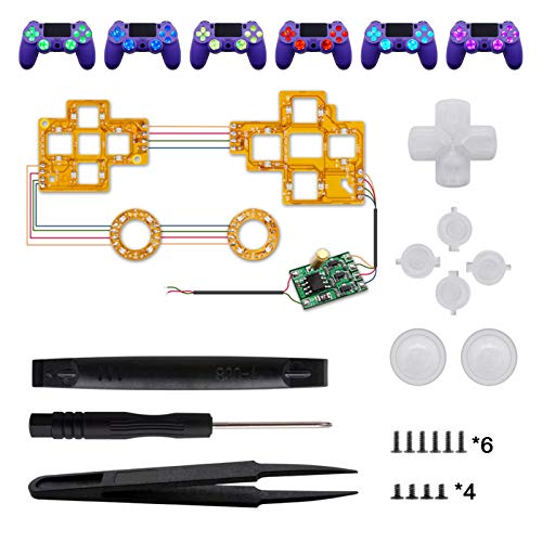 ASHATA Kit de Botones LED DTF con pulsadores Luminosos de 6 Colores para Controlador PS4, Rojo/Verde/Azul/Amarillo Claro/Violeta/Cian, con Herramientas - Controlador NO Incluido