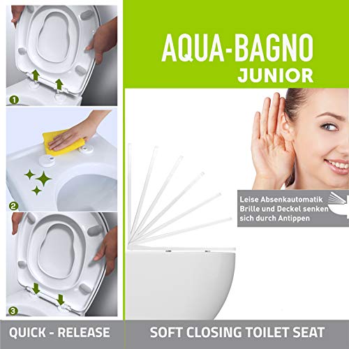 Asiento para inodoro Aqua Bagno Junior Universal con mecanismo de descenso automático de polipropileno, tapa en forma de O con asiento para niños, tapa para inodoro familiar, función de cierre suave