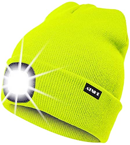 ATNKE Gorro con Luz LED, USB Recargable Gorra para Correr Super Brillante 4 LED Impermeable Luz Invierno Cálido Faros Regalos para Hombre y Mujer/Fluorescent Yellow