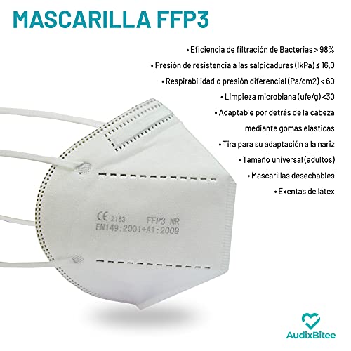 Audix Bitee 20 Mascarillas FFP3 - Maxima Protección - Homologada CE - Eficiencia 99% - Gomas largas para sujeción desde la cabeza - Envuelta Individualmente - Paquete 20 unidades