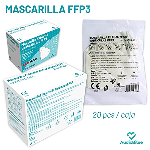 Audix Bitee 20 Mascarillas FFP3 - Maxima Protección - Homologada CE - Eficiencia 99% - Gomas largas para sujeción desde la cabeza - Envuelta Individualmente - Paquete 20 unidades