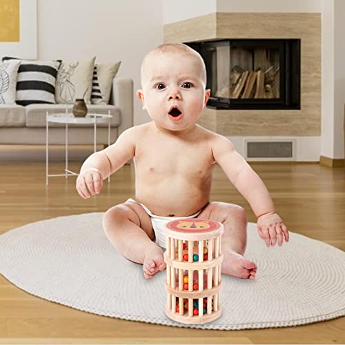 Augneveres Tambor rodante con Cilindro de Bolas Montessori, Rodillo de Madera Natural con Bolas de Colores, Juguete de Arrastre rodante de 3 Capas para bebés de 6 a 12 Meses, Entrenamiento Visual