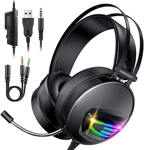 Auriculares Gaming PS4 Auriculares con Transductores 50mm, INSMART Cascos Gaming con 3,5 mm Jack con Micrófono Flexible y Luz LED para PS4 PC Xbox One