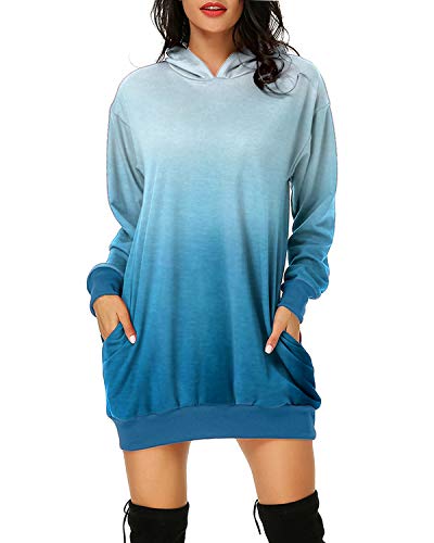 Auxo Mujer Sudadera con Capucha Talla Grande Sudadera Vestido Manga Larga Casual Tie Dye Hoodie Jersey Larga Moda Degradado Azul L