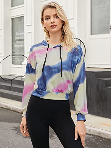 Auxo Mujer Sudaderas con Capucha Cortas Talla Grande Top Manga Larga Casual Tie Dye Hoodie Camiseta 01-Color Azul M