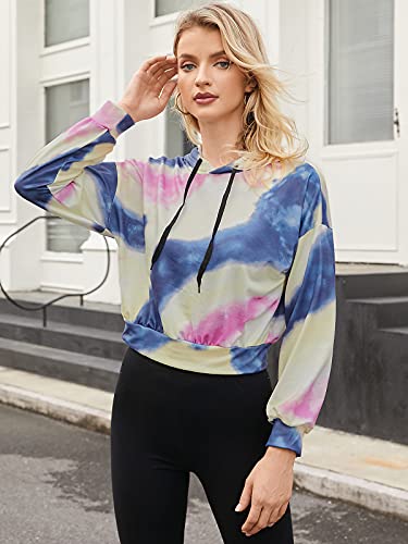 Auxo Mujer Sudaderas con Capucha Cortas Talla Grande Top Manga Larga Casual Tie Dye Hoodie Camiseta 01-Color Azul M