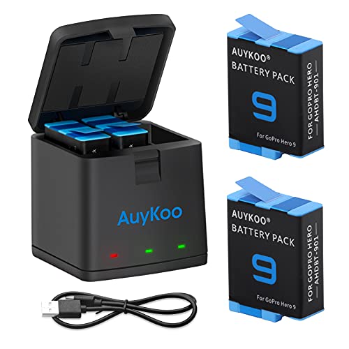 AuyKoo 2 Batería+Cargador Accesorios Kit para GoPro Hero 10/9 Black, 2 Piezas Batería de Repuesto+Cargador+Cable Tipo C Totalmente Compatible con la Cámara de Acción GoPro Hero 10/9 Black Original