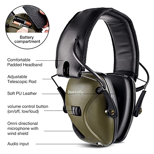 AWESAFE GF01 Casco Tiro Auriculares de caza , Plegables Defensores del Oído con Tecnología de Cancelación de Ruido Protectores Auditivos Especialmente Diseñados para Cazadores y Tiradores -Verde