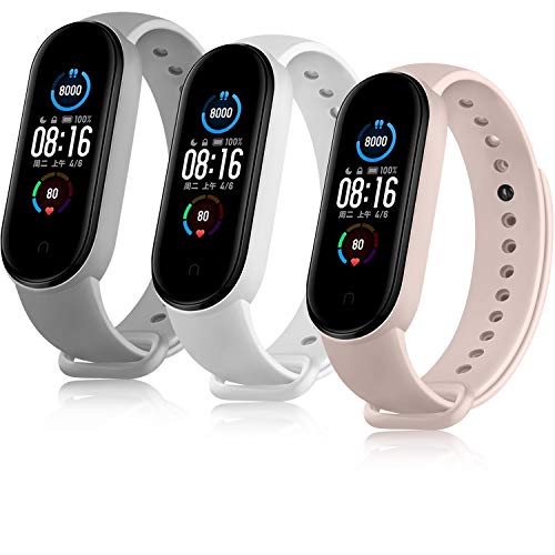 AYOU Correa para Xiaomi Mi Band 5 Correa, Pulseras de Repuesto de Silicona Compatible con Xiaomi Mi Band 6 / Xiaomi Mi Band 5 / Amazfit Band 5 (Blanca/Gris/Rosa)