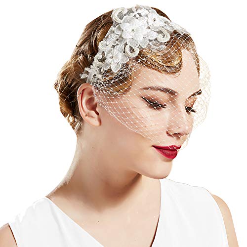 BABEYOND Diadema para Mujer de los años 20, Elegante, con Estampado de Flores, para Bodas, Novias, velos, cócteles, Fiestas, para Halloween, Carnaval Blanco Talla única