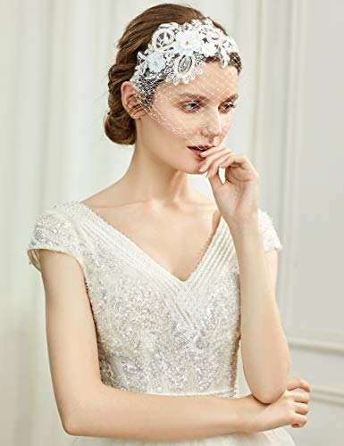 BABEYOND Diadema para Mujer de los años 20, Elegante, con Estampado de Flores, para Bodas, Novias, velos, cócteles, Fiestas, para Halloween, Carnaval Blanco Talla única