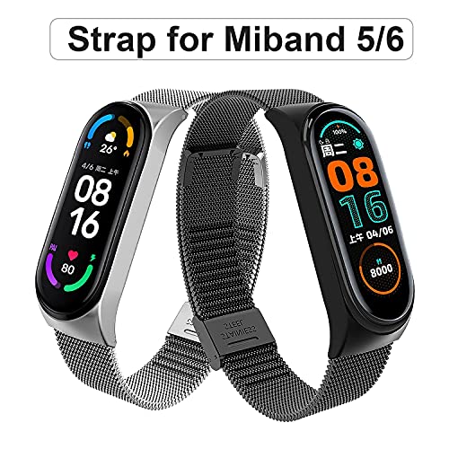 baklon 2 Pack Correa Compatible para Xiaomi Mi Band 5/6 Correas Metal, Pulsera de Acero Inoxidable Agradable para Mi Band 5/6 -Plateado y Negro