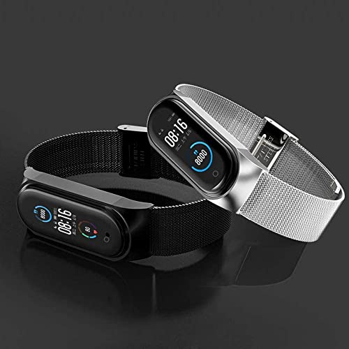 baklon 2 Pack Correa Compatible para Xiaomi Mi Band 5/6 Correas Metal, Pulsera de Acero Inoxidable Agradable para Mi Band 5/6 -Plateado y Negro