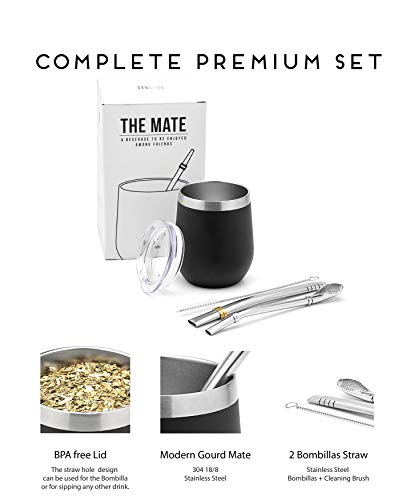 BALIBETOV Set Mate Argentino para Yerba Mate - Kit Mate de Vaso para Mate Pared Doble de Acero Inoxidable 18/8 - Incluye Dos Bombilla Mate y un Cepillo para Limpiar la Bombilla (Negro, 235 ml)