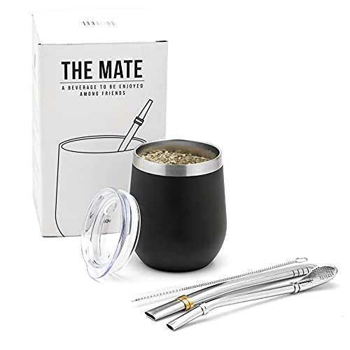 BALIBETOV Set Mate Argentino para Yerba Mate - Kit Mate de Vaso para Mate Pared Doble de Acero Inoxidable 18/8 - Incluye Dos Bombilla Mate y un Cepillo para Limpiar la Bombilla (Negro, 235 ml)