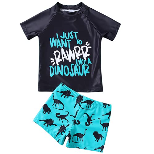 Bañador para Niños Pequeños 2 Piezas Traje de Natación Verano Camiseta de Manga Corta Pantalones Cortos Ropa de Baño con Estampado de Dibujos Animados (Negro, 4-6 Años)