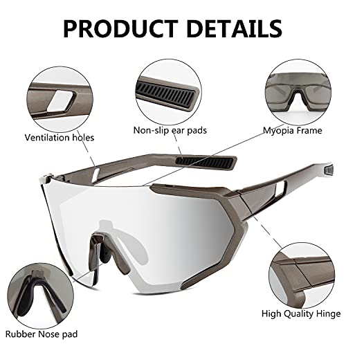 BangLong Gafas de Sol Deportivas, Gafas de Ciclismo con 3 Lentes Intercambiables para Hombres y Mujeres UV400, Utilizadas para Correr, Pescar, Golf y Béisbol (Brightgun Plata)