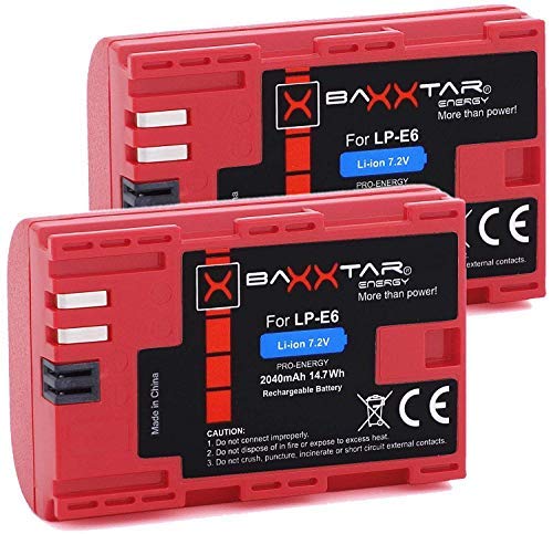 Baxxtar Pro (2X) Batería de Repuesto para Canon LP-E6 - Baxxtar Mini 1854 LCD Dual Charger (Entrada USB-C y MicroUSB)