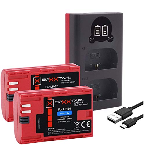 Baxxtar Pro (2X) Batería de Repuesto para Canon LP-E6 - Baxxtar Mini 1854 LCD Dual Charger (Entrada USB-C y MicroUSB)