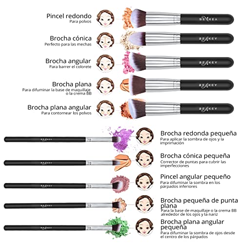 BEAKEY Set de Brochas de Maquillaje, Synthetic Kabuki para Base Polvos Colorete Contorno, con Esponja (10+2 Piezas, Negro/Plateado)