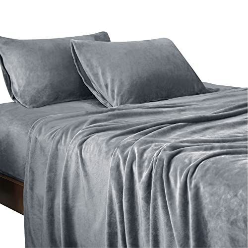 Bedsure Sabanas Coralina 160 Invierno - Juego Sábanas 160 x 190 Franela 4 Piezas, Sabanas Polar Termica Calientes Cama 160, Sabana Bajera Ajustable 160x200 con Encimera, Gris