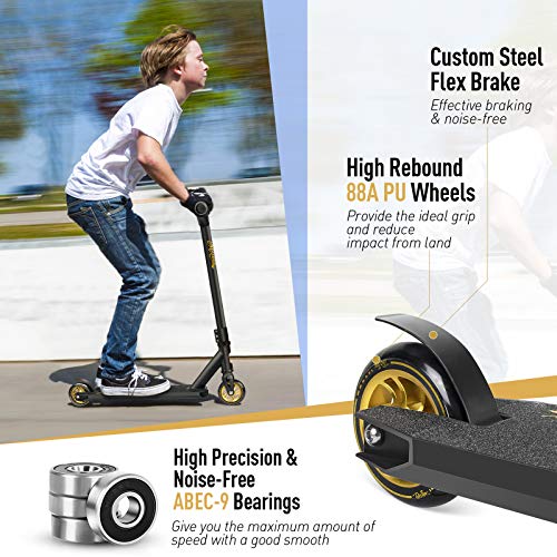 BELEEV Patinete De Acrobacias Trucos, Freestyle Pro Stunt Scooter para Adultos, Kick Scooter con Barra Fija, Ruedas con NúCleo De Aluminio De 100 mm y Rodamientos De Bolas ABEC-9(Gold)