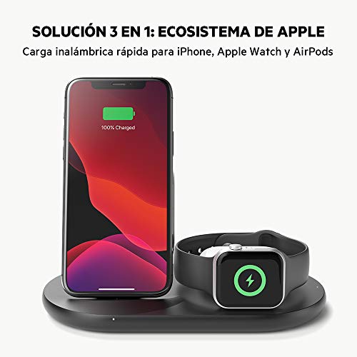 Belkin - Cargador inalámbrico 3 en 1, estación de carga de 7.5 W para iPhone, Apple Watch y AirPods, base de carga para iPhone, soporte de carga para Apple Watch, negro