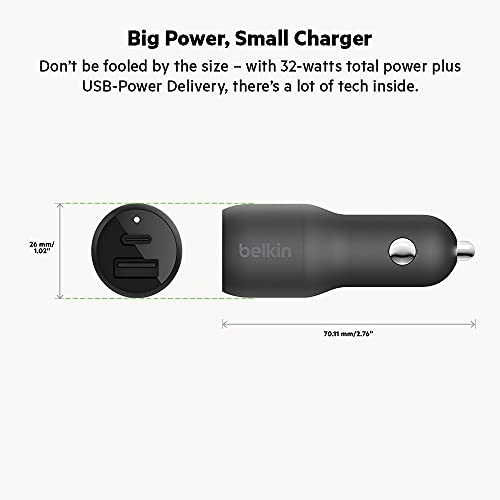 Belkin cargador para coche USB-C de 32 W (carga rápida para iPhone 13, 13 Pro, 13 Pro Max, 13 mini y modelos anteriores, teléfonos de Samsung, Google Pixel y otros) - negro