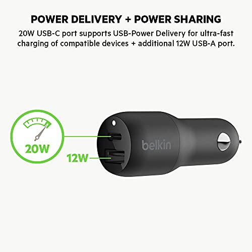 Belkin cargador para coche USB-C de 32 W (carga rápida para iPhone 13, 13 Pro, 13 Pro Max, 13 mini y modelos anteriores, teléfonos de Samsung, Google Pixel y otros) - negro