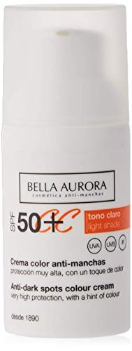 Bella Aurora Crema Facial con Color SPF 50+ | CC Cream | Protector Solar Anti-Manchas | Piel Normal o Seca, Tono Claro, 30 ml